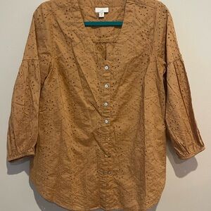 J. Jill Tan Button-Down Shirt with Eyelet Design